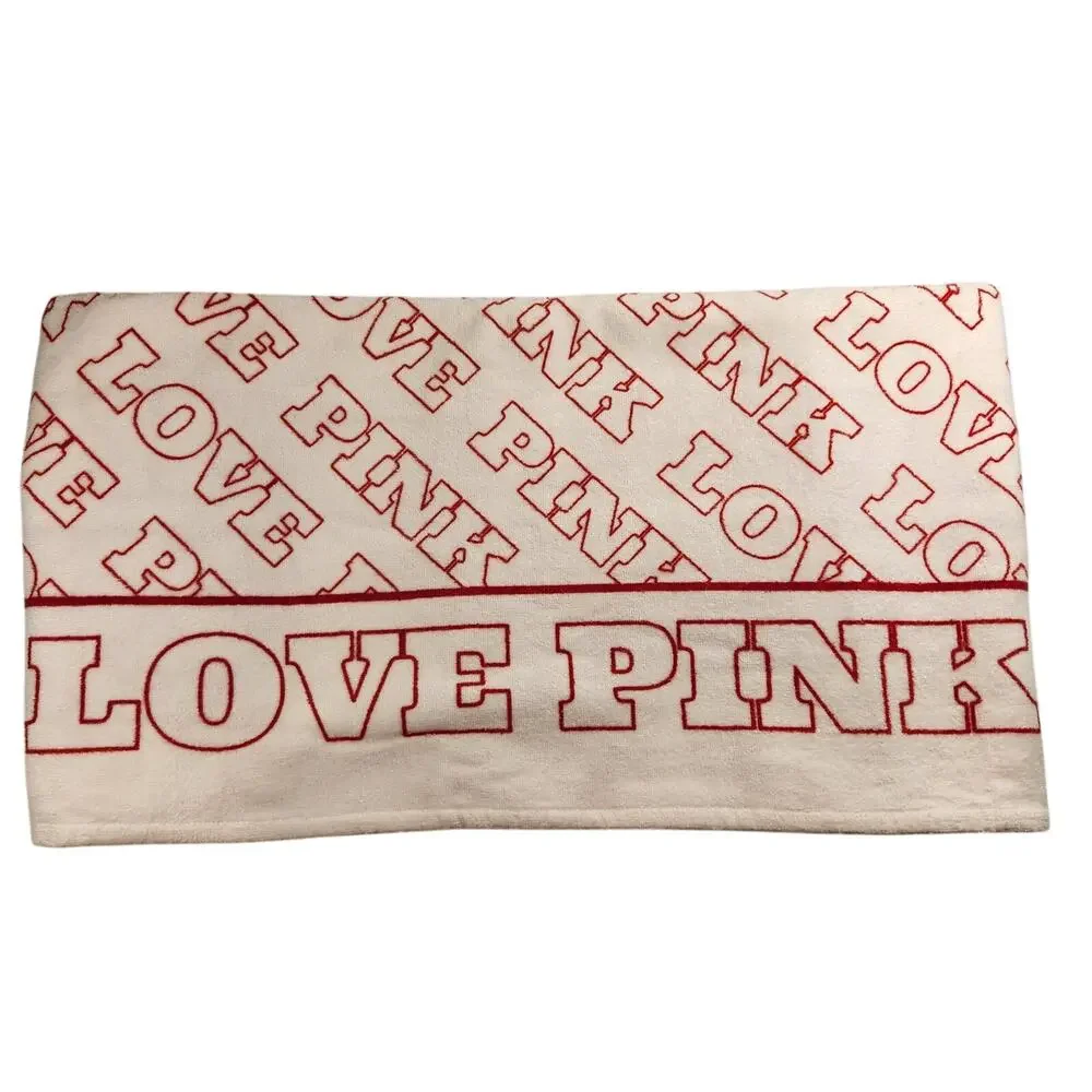 Victoria's Secret LOVE PINK VS PINK White and Red Logo Large Beach Towel - New